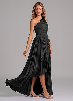 Azazie Lyrica Bridesmaid Dresses Black A-Line One Shoulder Stretch Satin Dress image2