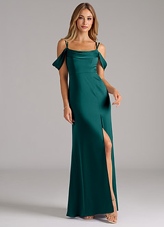 Azazie Callan Bridesmaid Dresses Peacock A-Line Pleated Stretch Satin Convertible Dress image4