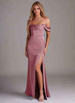 Azazie Saige Bridesmaid Dresses Vintage Mauve Sheath Off the Shoulder Stretch Satin Dress image1