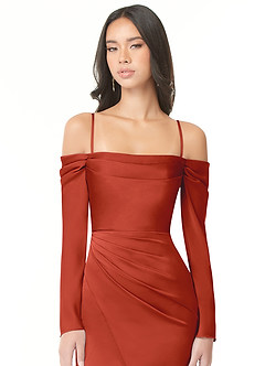 Azazie Hallie Bridesmaid Dresses Rust Sheath Off-The-Shoulder Long Sleeve Stretch Satin Convertible Dress image2