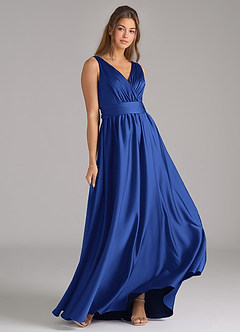 Azazie Kora Bridesmaid Dresses Royal Blue A-Line Pleated Stretch Satin Dress image4