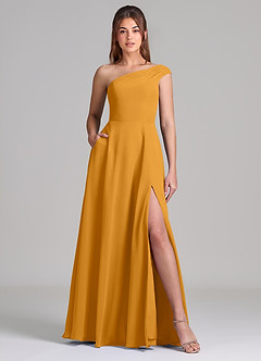 Azazie Melanie Bridesmaid Dresses Butterscotch A-Line Off the Shoulder Chiffon Dress image1