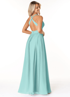 Azazie Ashia Bridesmaid Dresses Aqua A-Line Pleated Chiffon Dress image2