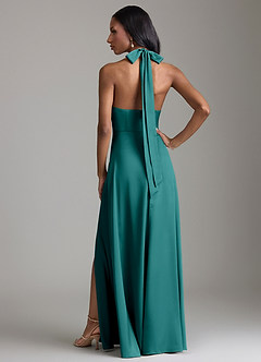 Azazie Tracie Bridesmaid Dresses Peacock A-Line Side Slit Stretch Satin Dress image2