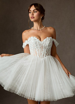Azazie Sorel Wedding Dresses Diamond White Ball-Gown Off the Shoulder Lace Dress image1