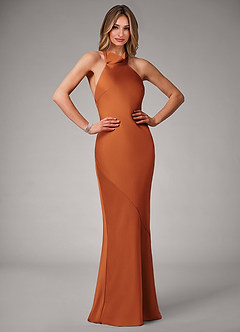 Azazie Velli Robes de demoiselle d'honneur Robe Sirène en Satin extensible Cannelle image1