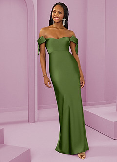 Barbie ♥ Azazie Jurken voor bruidsmeisjes Converteerbaar Jurk van Stretch Satijn met Kolom Off the Shoulder Jeneverbes image4