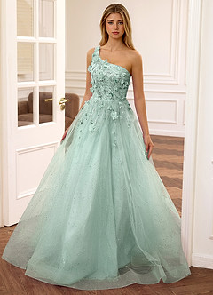 Felicite Light Green Floral A-line Tulle Sequin One Shoulder Glitter Prom Dress image9