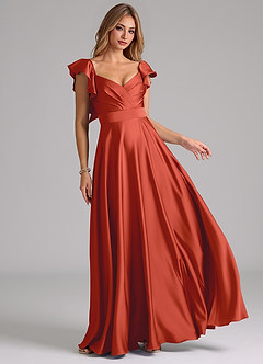 Azazie Leilani Bridesmaid Dresses Rust A-Line Ruched Stretch Satin Dress image1