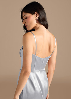 Azazie Lynden Bridesmaid Dresses Silver Sheath Off the Shoulder Metallic Satin Convertible Dress image10