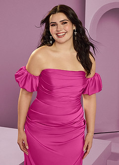 Barbie ♥ Azazie Bridesmaid Dresses Fuchsia Sheath Off the Shoulder Stretch Satin Convertible Dress image14