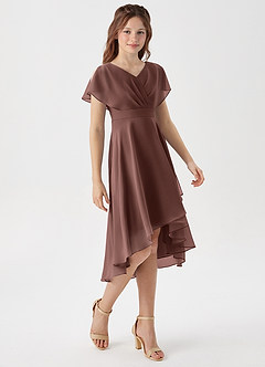 Azazie Graciela Junior Espresso A-Line Pleated Chiffon Dress image4