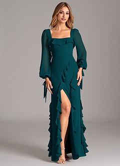 Azazie Candice Final Sale Pine A-Line Long Sleeve Chiffon Dress image4