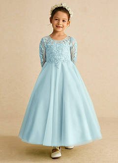 Azazie Precious Flower Girl Dresses Sea Glass A-Line Lace Tulle Dress image4