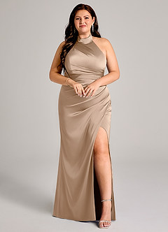 Azazie Jemma Bridesmaid Dresses Taupe Sheath Pleated Stretch Satin Dress image7