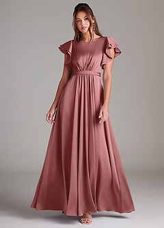 Azazie Daphne Robes de demoiselle d'honneur modestes Robe Trapèze Rayé Longueur ras du sol Satin extensible image1