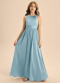 Azazie Jaylah Junior Moody Blue A-Line Pleated Stretch Satin Dress image4