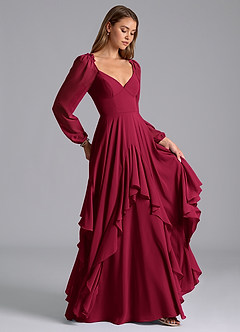 Azazie Karan Bridesmaid Dresses Burgundy A-Line Long Sleeve Chiffon Dress image4