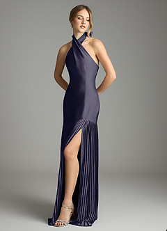 Azazie Nayeli Jurken voor bruidsmeisjes Jurk van Stretch Satijn met A-Lijn Geplooid Stormachtig image4