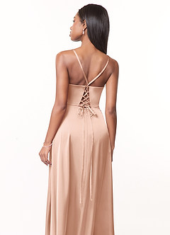 Azazie Maksim Bridesmaid Dresses Rose Gold A-Line V-Neck Stretch Satin Dress image3