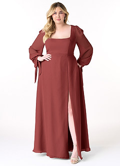 Azazie Leonia Abiti da Damigella Abito A-Line in Chiffon Maniche Lunghe Terracotta image4