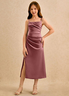 Azazie Canna Girls Formal Blomsterpigekjoler A-Line Plisseret Stræk satin Te-længde Kjole image4