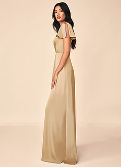 Azazie Soren Bridesmaid Dresses Gold A-Line Pleated Stretch Satin Dress image3