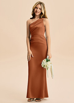 Azazie Akilah Junior Copper Sheath Pleated Stretch Satin Dress image5