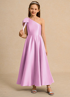 Azazie Guppy Girls Formal Robe Demoiselle D'honneur Fillette Robe Trapèze en Mat Satiné Une épaule Rose Bonbon image3