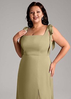 Azazie Frostine Bridesmaid Dresses Moss Green A-Line Bow Stretch Satin Dress image10