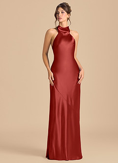 Azazie Velli 신부 들러리 드레스 쉬스 하이넥 메탈릭 새틴 바닥 길이 드레스 image2