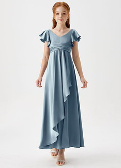 Azazie Omari Junior Dusty Blue A-Line Pleated Stretch Satin Dress image5