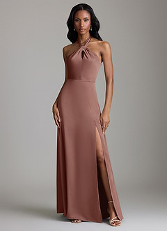 Azazie Tracie Bridesmaid Dresses Espresso A-Line Side Slit Stretch Satin Dress image1