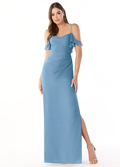 Azazie Emeralda Bridesmaid Dresses Steel Blue Sheath Off the Shoulder Chiffon Dress image3