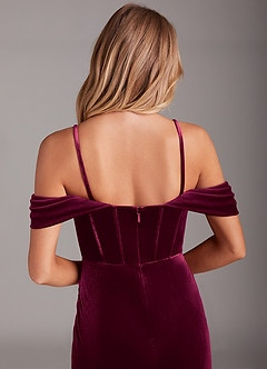 Azazie Jas At-home Try On Dresses Black Sheath Off-The-Shoulder Corset Velvet Convertible Dress image8