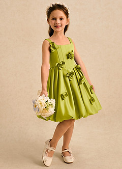 Azazie Lillian Flower Girl Dresses Lemongrass Ball-Gown Pleated Matte Satin Dress image4