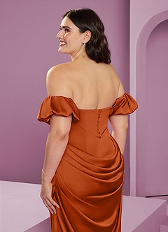 Barbie ♥ Azazie Robes de demoiselle d'honneur Robe Fourreau Convertible en Satin extensible Épaule décolletée Orange Brûlée image17