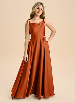 Azazie Popsy Junior Vestido de Naranja Quemada de Satén Elástico de Corte en A con Lazo image8