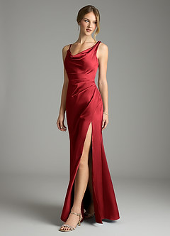 Azazie Samara Robes de demoiselle d'honneur Robe Sirène en Satin extensible Plissée Écarlate image3