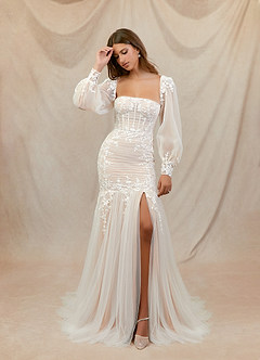 Azazie Aliana Vestidos de novia Vestido de Blanco Diamante Nude de Tul de Corte Sirena con Encaje image1