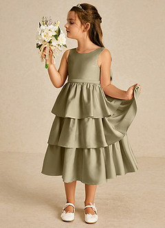Azazie Margery vestidos de niña de las flores Vestido de Musgo Verde de Satén Elástico de Corte En A con Lazo image4