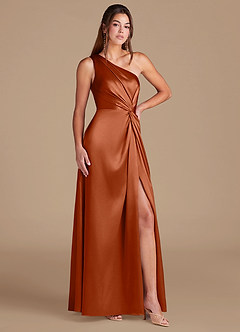 Azazie Brooke At-home Try On Dresses Auburn A-Line One Shoulder Metallic Satin Dress image3