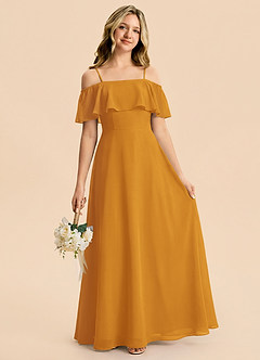 Azazie Maggie Junior Butterscotch A-Line Off the Shoulder Chiffon Dress image1