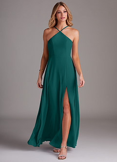 Azazie Bailey Bridesmaid Dresses Peacock A-Line Halter Side Slit Chiffon Dress image4