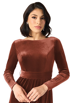 Azazie Brynn Brautjungfernkleider A-Linie Langarm Samt Kleid Terrakotta image3