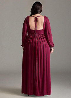 Azazie Norah Robes de demoiselle d'honneur Robe Trapèze en Mousseline de soie Col en V, manches longues Bourgogne image7