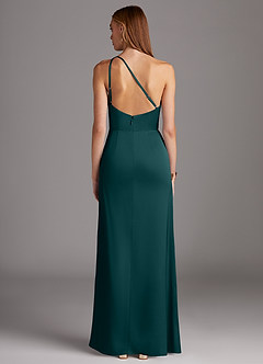Azazie Mika Bridesmaid Dresses Pine Sheath One Shoulder Stretch Satin Dress image2
