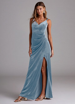 Azazie Leo Bridesmaid Dresses Dusty Blue Sheath Pleated Velvet Dress image1