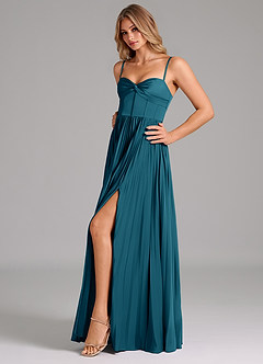 Azazie Akiko Robes de demoiselle d'honneur Robe Trapèze en Satin extensible Encolure en Forme de Cœur Bleu Encre image6