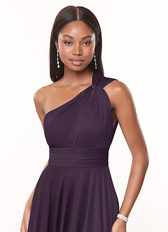 Azazie Charlize Bridesmaid Dresses Plum A-Line One Shoulder Mesh Dress image5